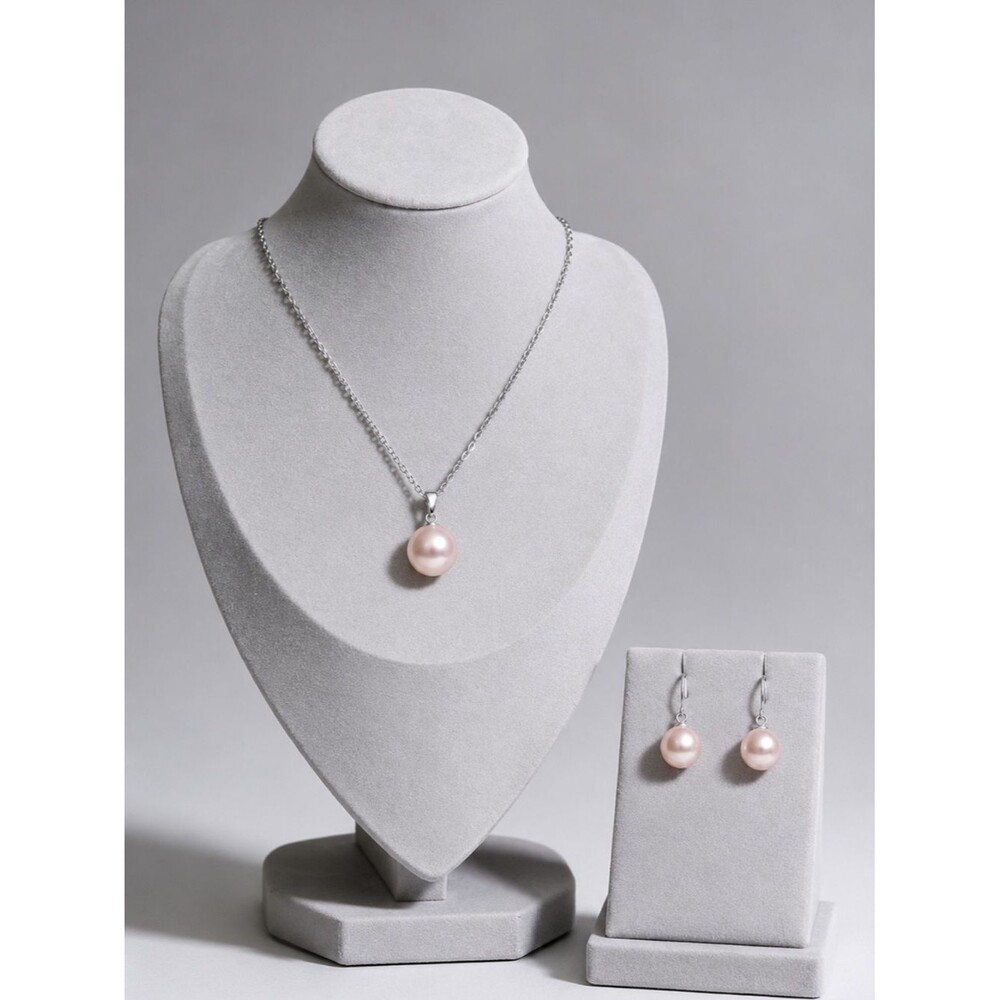 Pink Pearl Jewelry Set 12MM 18” Pendant Necklace + 10MM Drop Pearl Earrings Lux